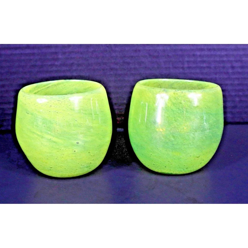 Lime Green Hand Blown Glass Tumblers W Controlled Bubbles - EUC Crate & Barrel C